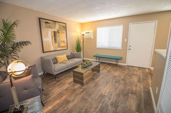 Woodland Village Living Room staged with furniture. Air conditioner on the back wall.